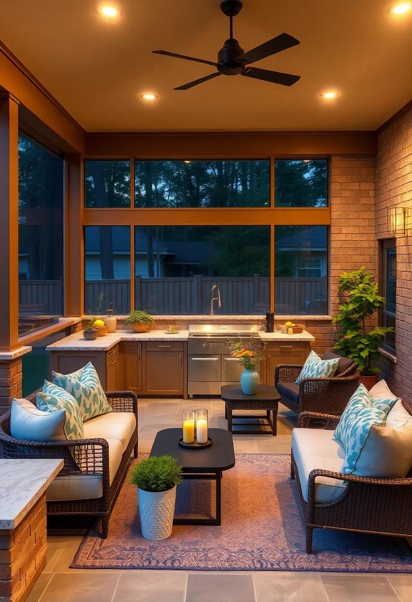 - Soft Ambient Lighting Setting the Mood for Evening Gatherings in Screened Porch Kitchens