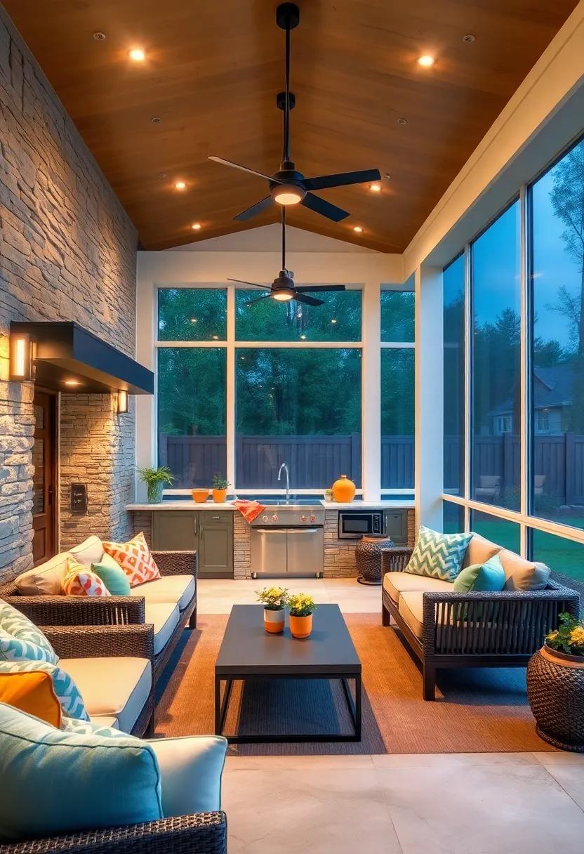 - Sleek Contemporary Light Fixtures Enhancing Modern Screened Porch Outdoor Kitchen Designs