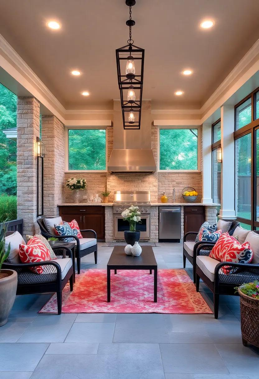- Lantern-Style Ceiling Fixtures Inspiring Traditional Yet Charming Screened Porch Kitchens