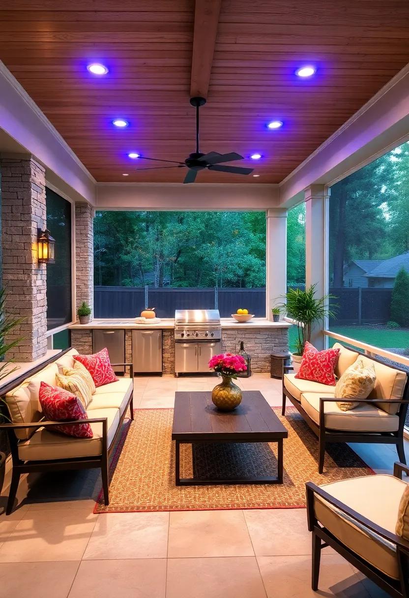 - Under-Cabinet Lighting Brightening Work Surfaces in a Chic Screened Porch Outdoor Kitchen