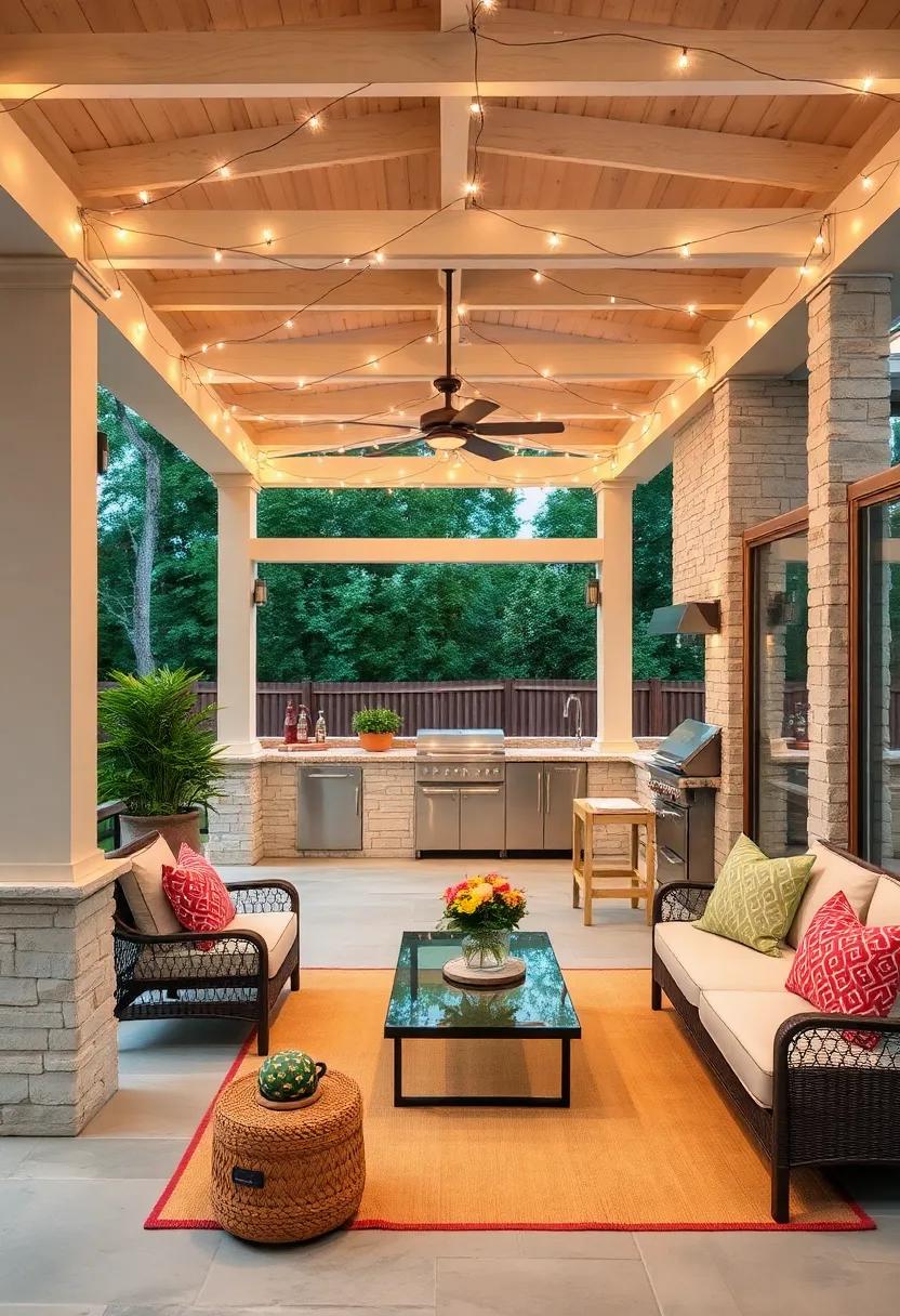 - Soft White Fairy Lights Woven Through Pergola Beams Adding Whimsy to Outdoor Kitchens