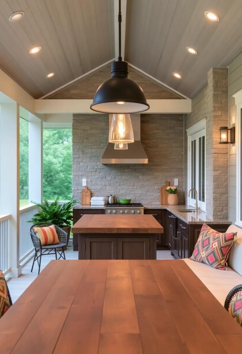 - Warm Glow of Pendant Lights Over Rustic Wooden Counters in a Cozy Screened Porch Kitchen