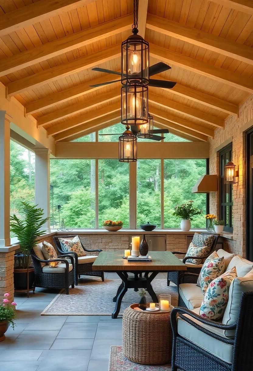 - Lantern Clusters Hanging from Ceiling Beams for a Charming Screened Porch Cooking Atmosphere