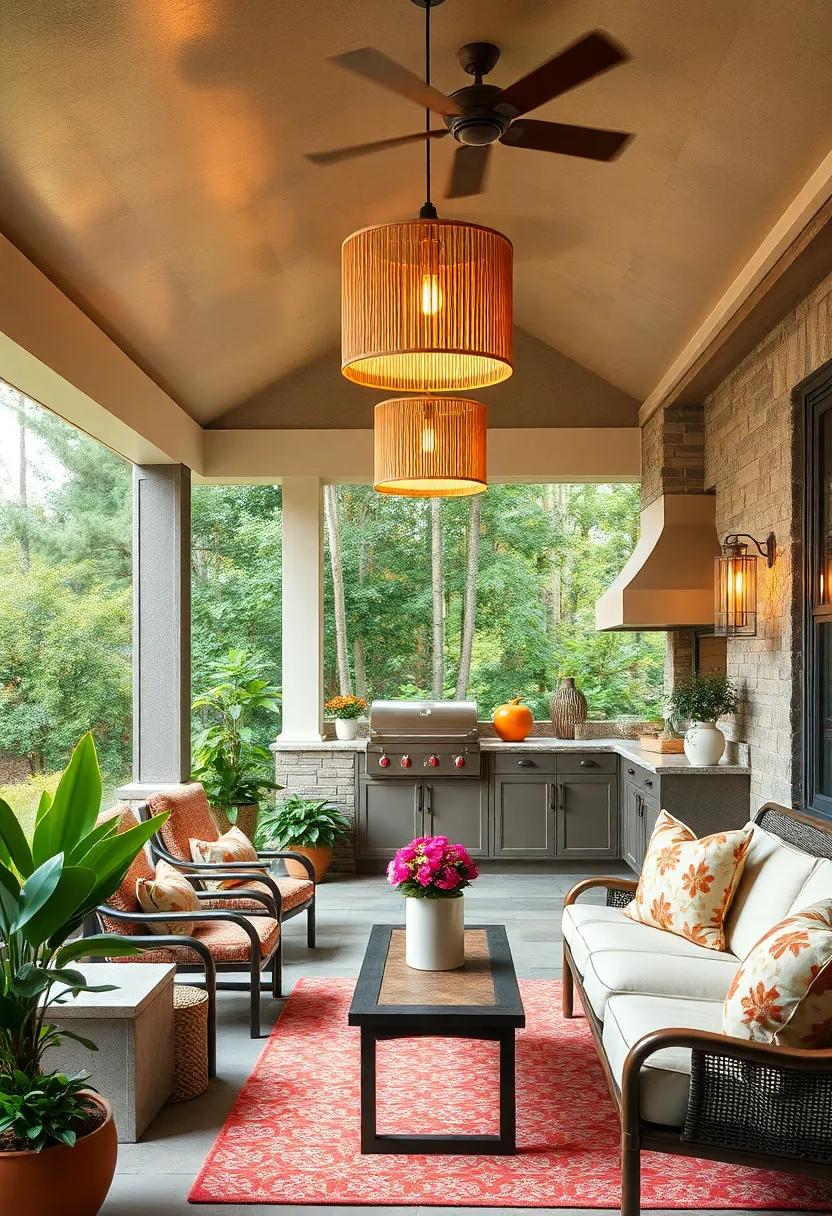 - Natural Fiber Lampshades Providing Soft Diffused Light for Cozy Screened Porch Kitchens