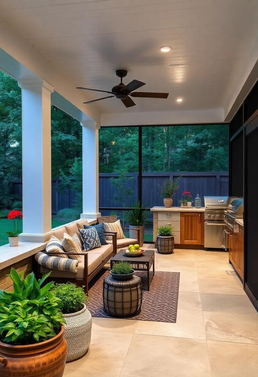 - Soft Spotlights Highlighting Herb Gardens Adjacent to Screened Outdoor Cooking Stations