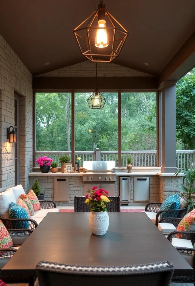 - Swirling Glass Chandeliers Drawing Focus to Elegant Screened Porch Cooking Areas