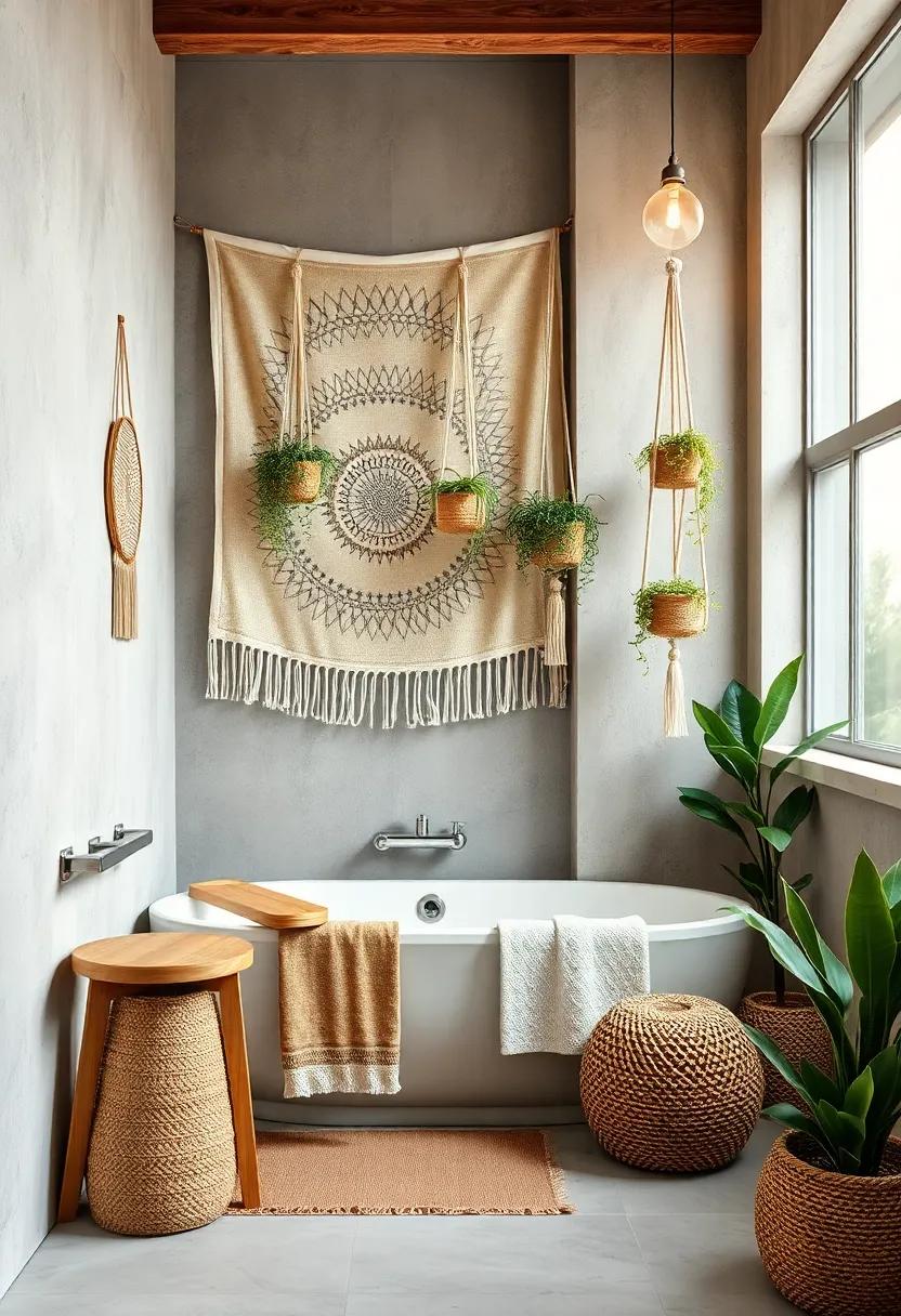 Bohemian-inspired Tapestries and Macramé Plant Hangers Adding a Laid-back, Cozy Touch to Bathroom Walls