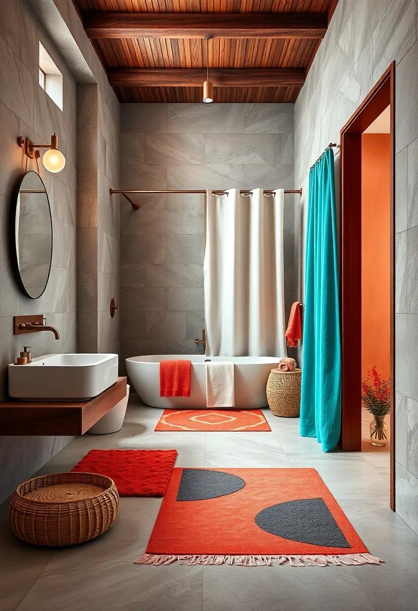 Coordinated Color Blocking Using Towels, Rugs, and Shower Curtains for a Bold, Artistic Seasonal Statement