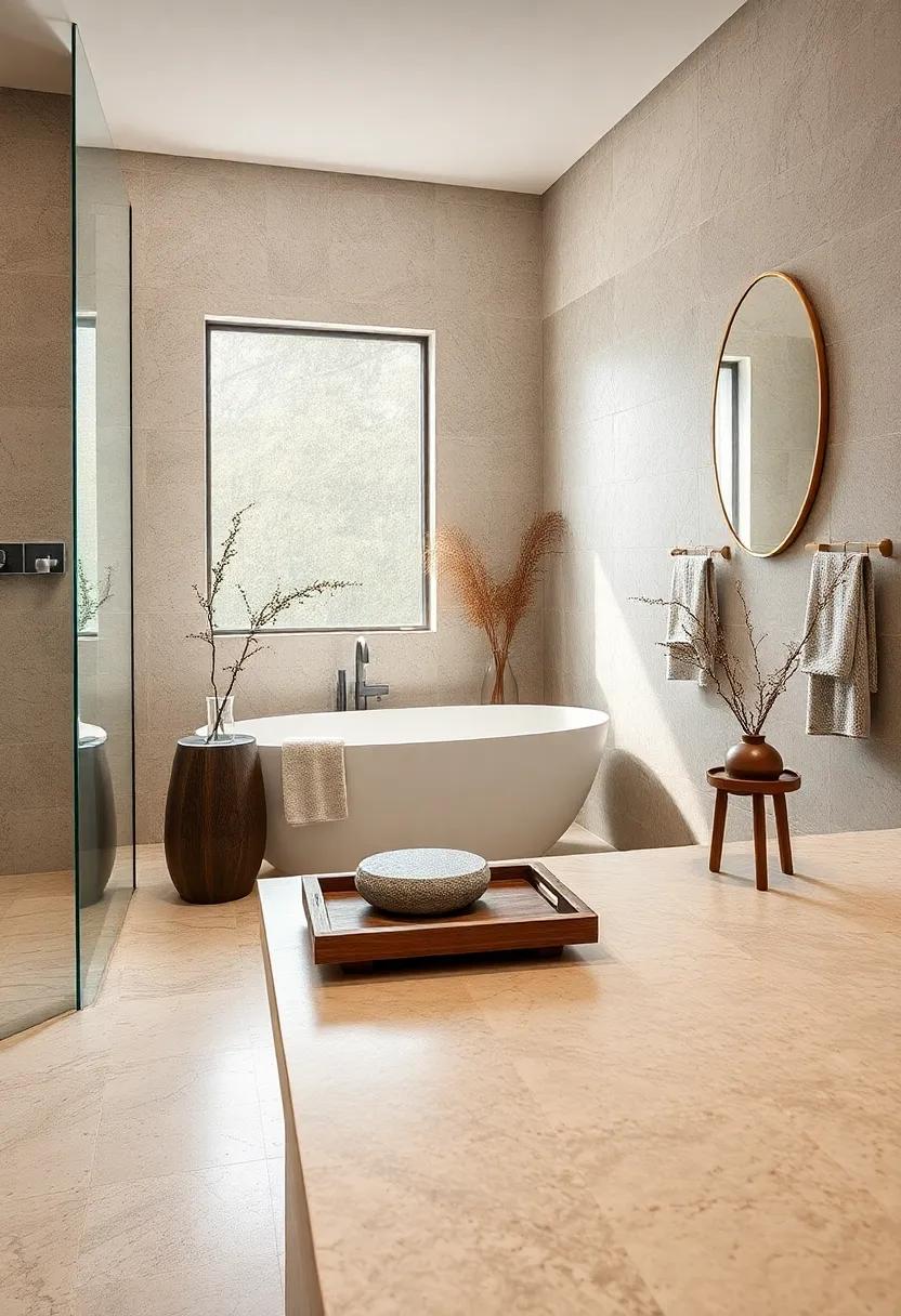 Incorporating Earthy Natural Elements Like Wooden Trays and Stone Soap Dishes to Bring Outdoor Calmness Indoor