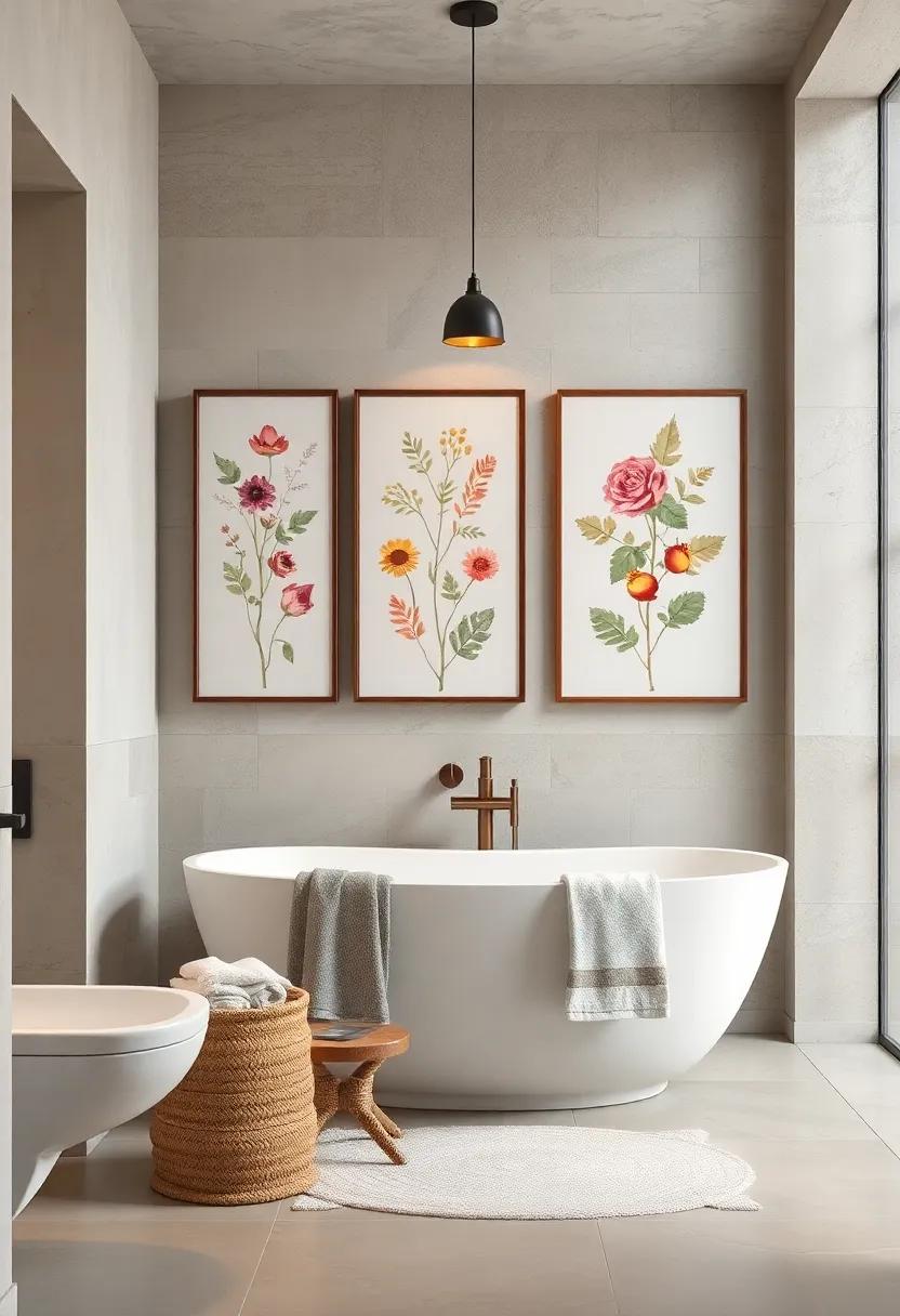 Layered Wall Art Featuring Botanical Prints and Seasonal Motifs to Enhance the Bathroom's Personality