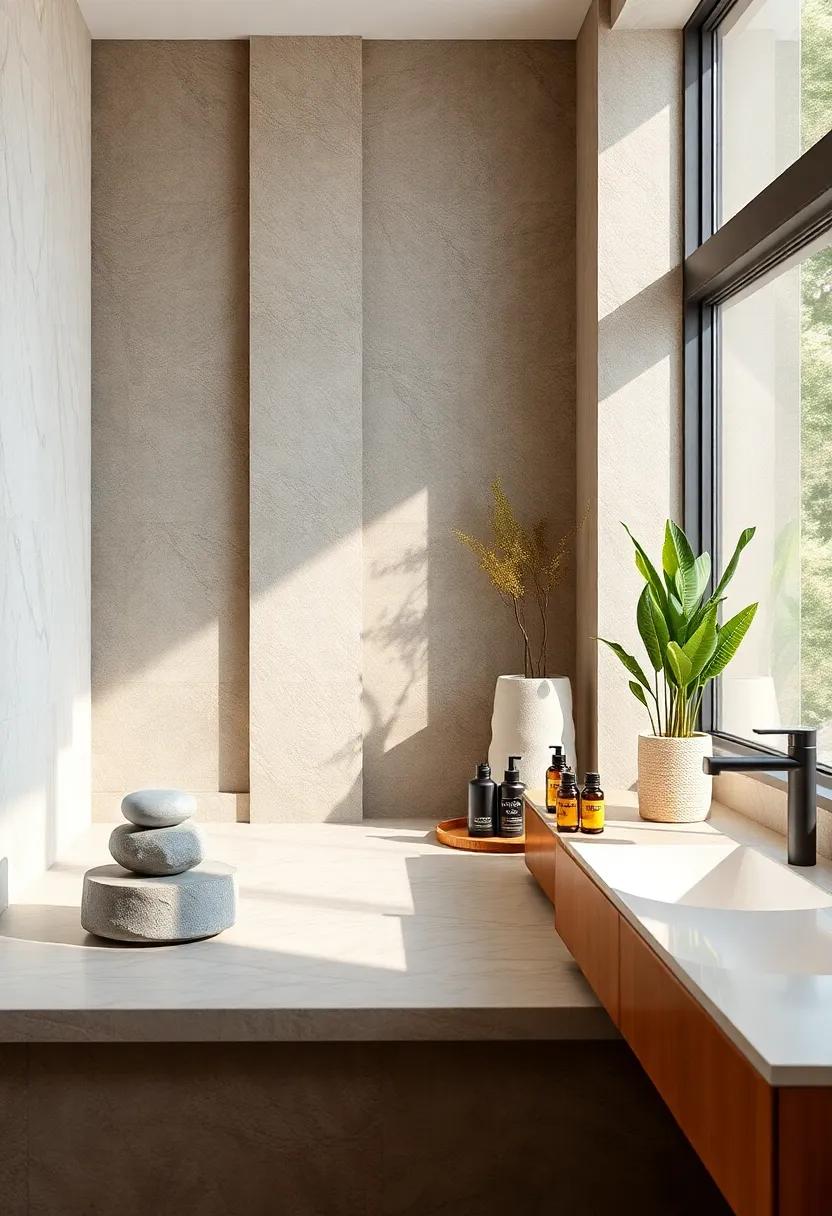 Luxury Spa-like Stone Diffusers and Organic Essential Oils Showcasing Wellness Elements to the Bathroom Space