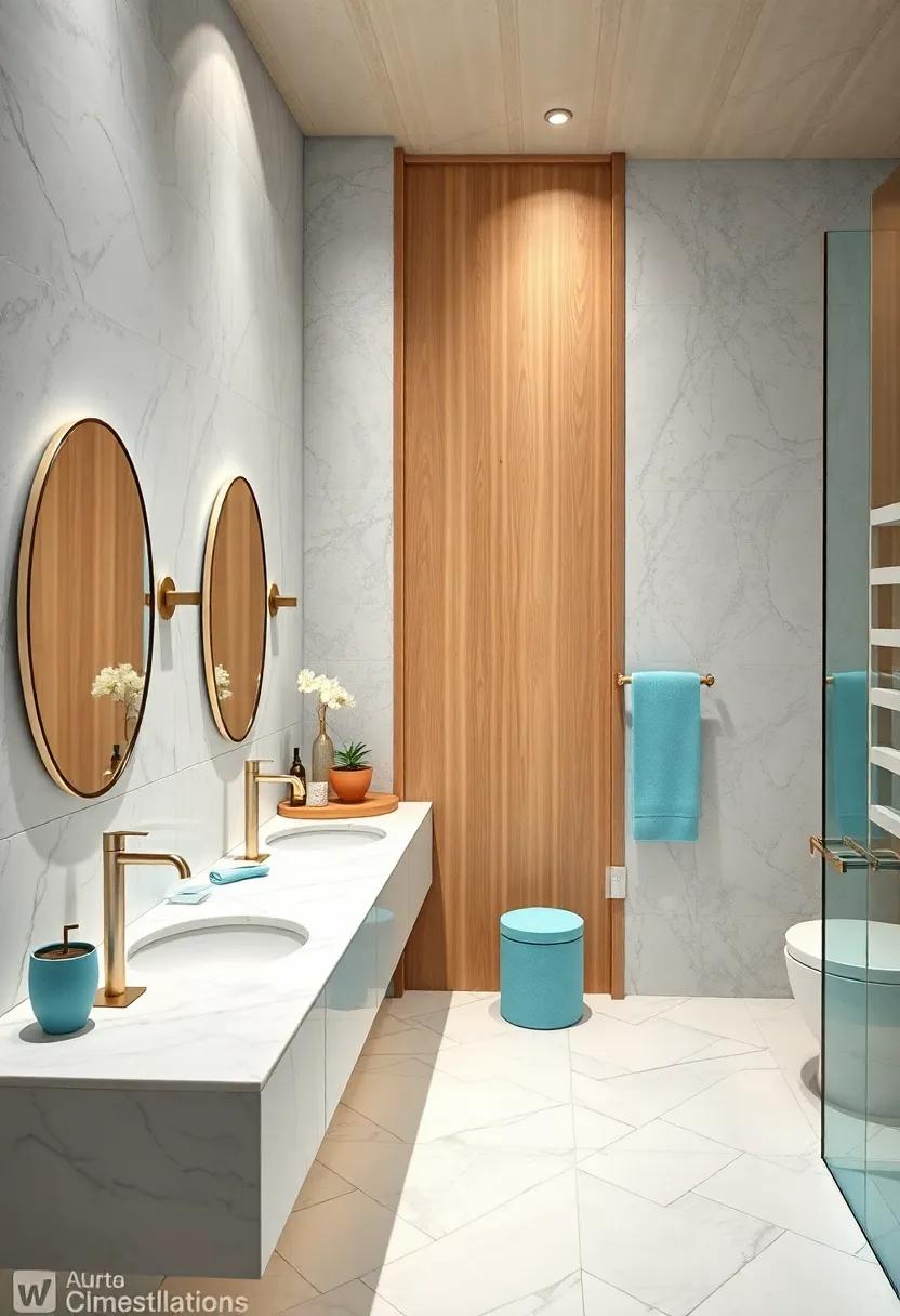 Refreshing White Marble Countertops Paired with Light Blue Accents to Evoke Cool, Crisp Cleanliness