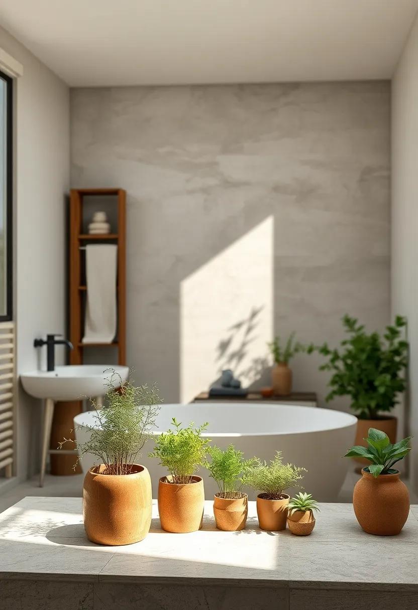 Scented Herb Bundles and Small Potted Plants Illuminated by Soft Natural Light for a Wholesome Atmosphere