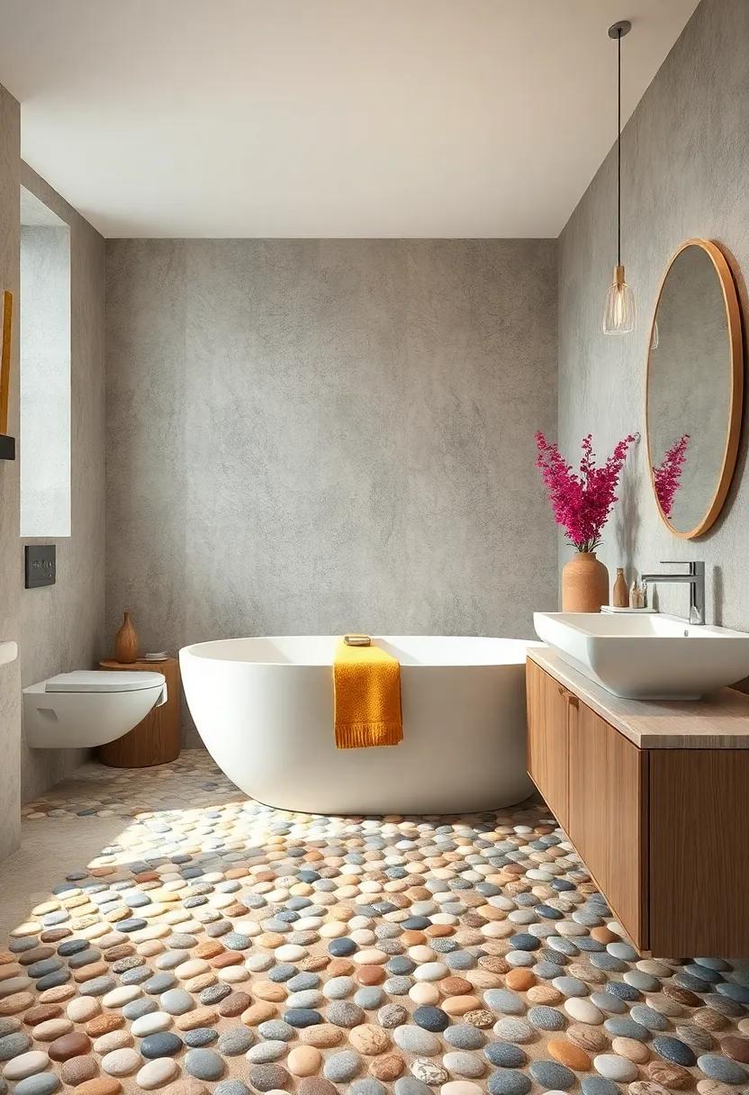 Smooth Pebble Mosaic Inlays on the Bathroom Floor or Walls Bringing a Tactile and Visual Connection to Nature
