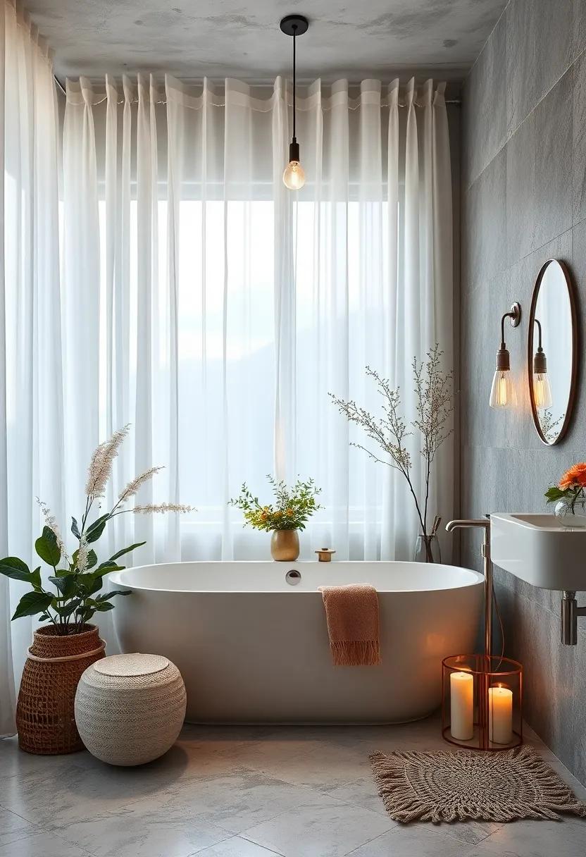 Soft Sheer Curtains and Subtle Scented Candles Creating a Romantic Ambiance for a Peaceful Bathroom Retreat
