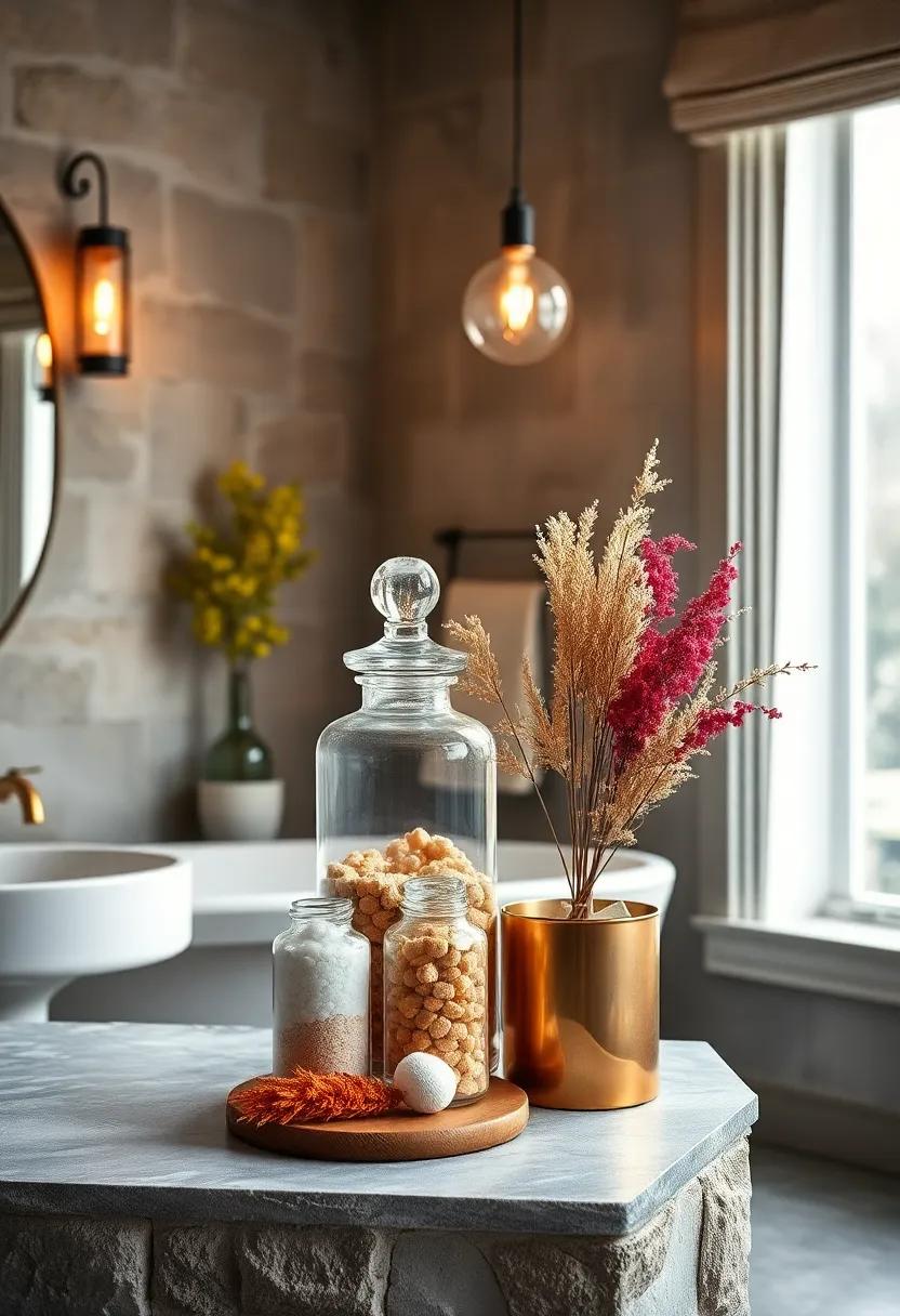 Vintage Apothecary Jars Filled with Bath Salts and Potpourri as Functional and Decorative Bathroom Details