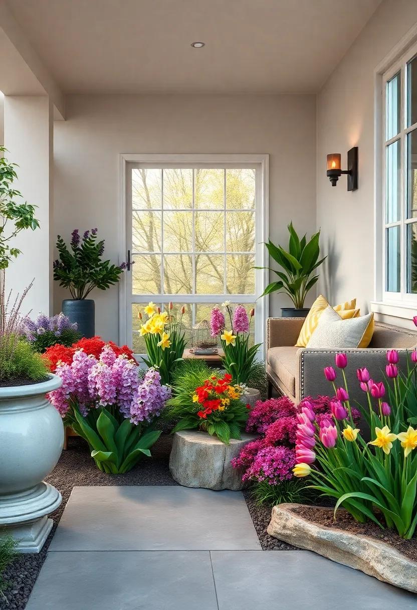 Elegant Spring Blooms Featuring Hyacinths, Tulips, and Daffodils in Vibrant Front Garden Displays