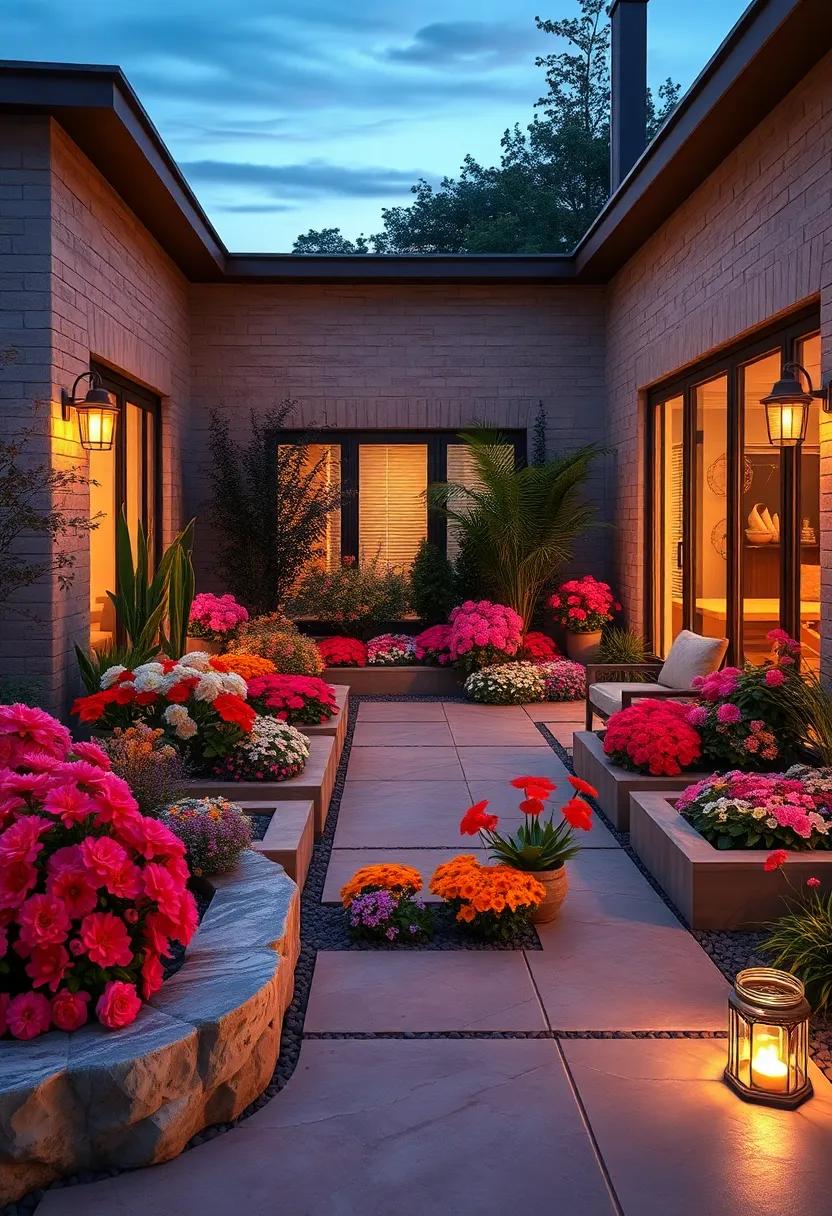 Dreamy Twilight Garden Scenes with Flower Beds That Reflect Soft Evening Light and Color Variations