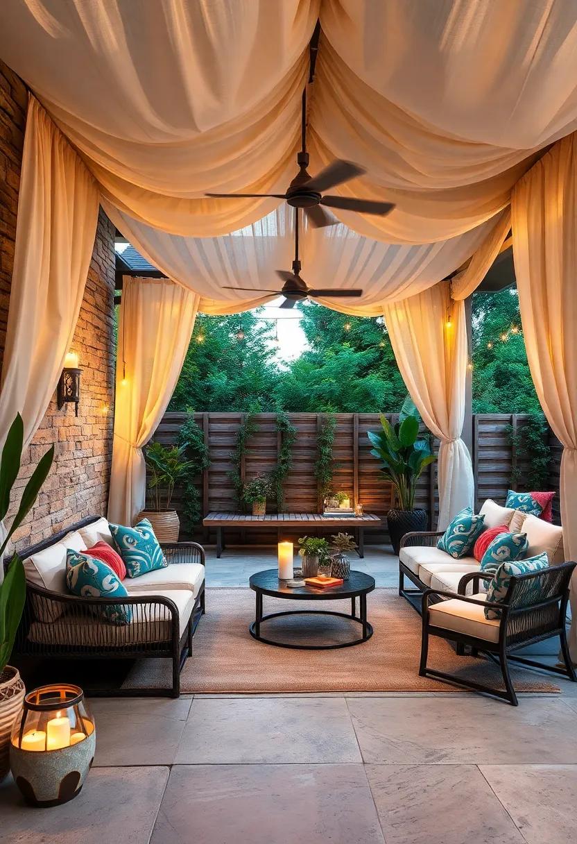 Create An Enchanting Canopy Of Draped Sheer Fabric Framing The Patio Space For Soft Evening Lighting