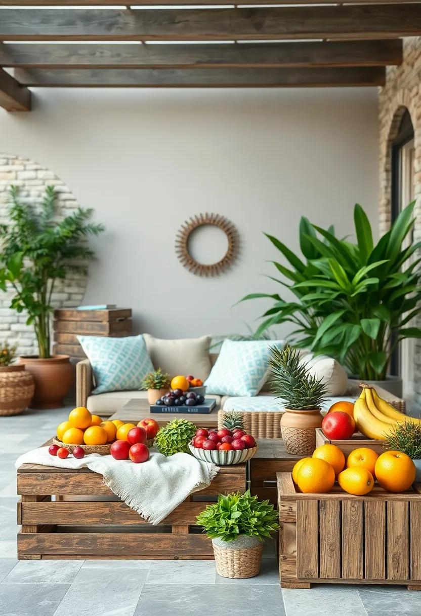 Feature A Seasonal Fruit Display Arranged On Rustic Wooden Crates With Juxtaposed Textures