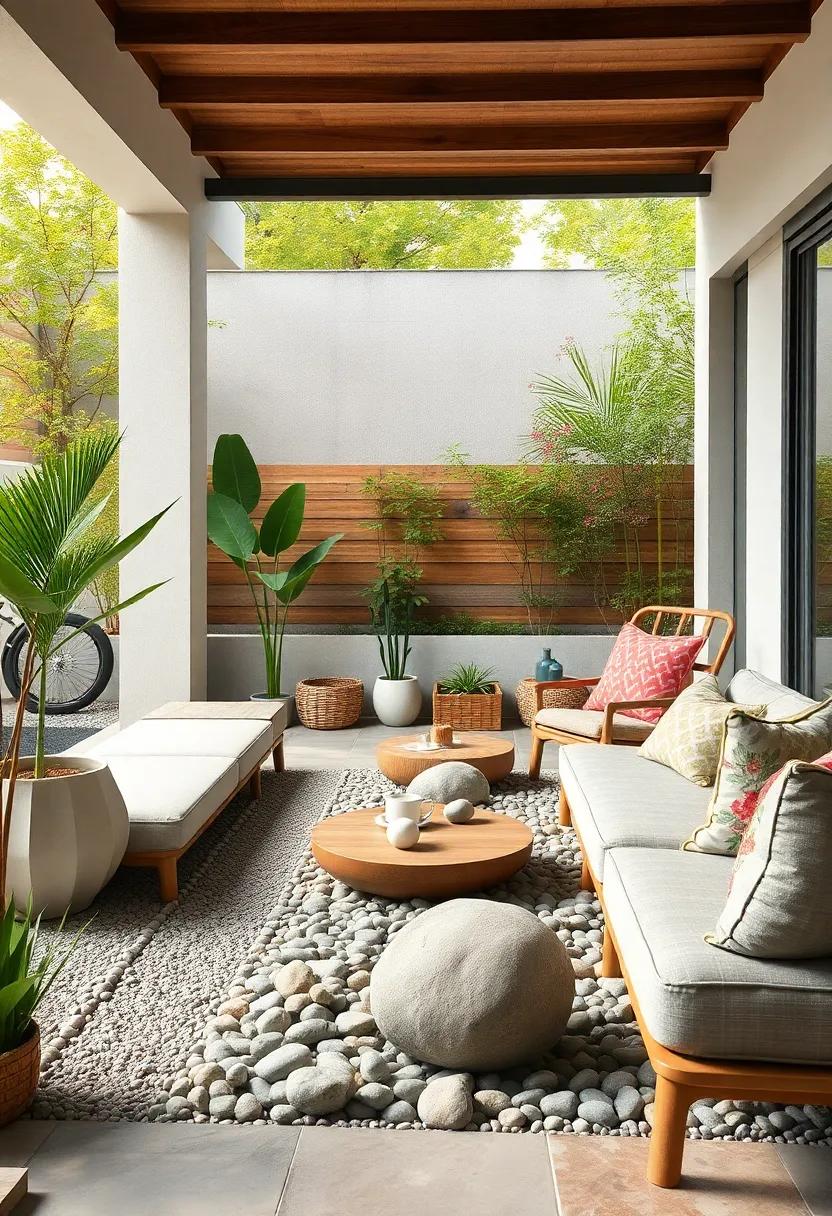 Showcase A Minimalist Zen Garden With Smooth Pebbles And Bamboo Accents Against A Seasonal Backdrop