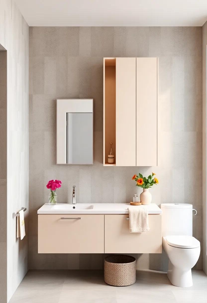 Maximizing Vertical Storage With Open Shelves and Floating Cabinets for Spacious Bathroom Visualization