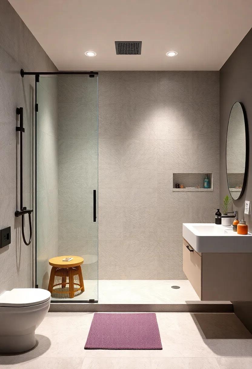 Compact Linear Drains and Minimalist Fixtures in Open Showers Elevating the Streamlined Look of Tiny Bathrooms