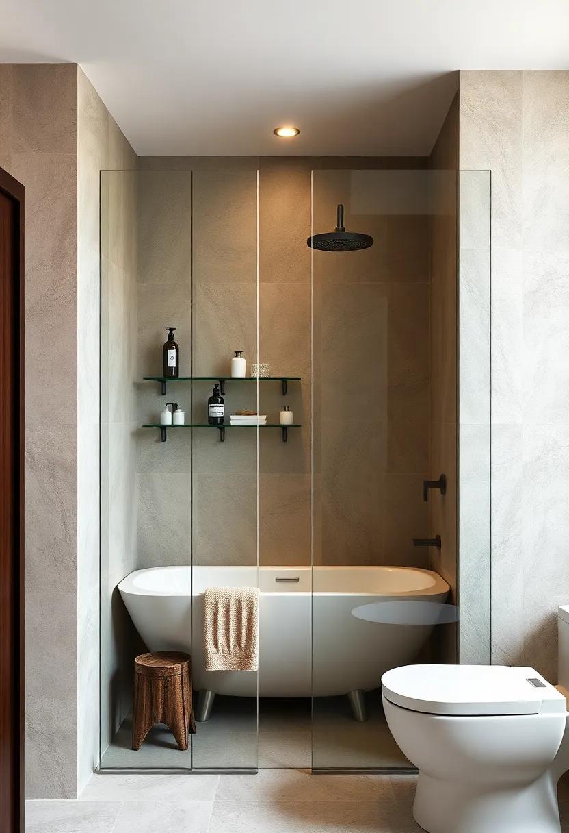 Glass Shelving Units Within Open Showers To Display Elegant Bathroom Essentials Without Reducing Space