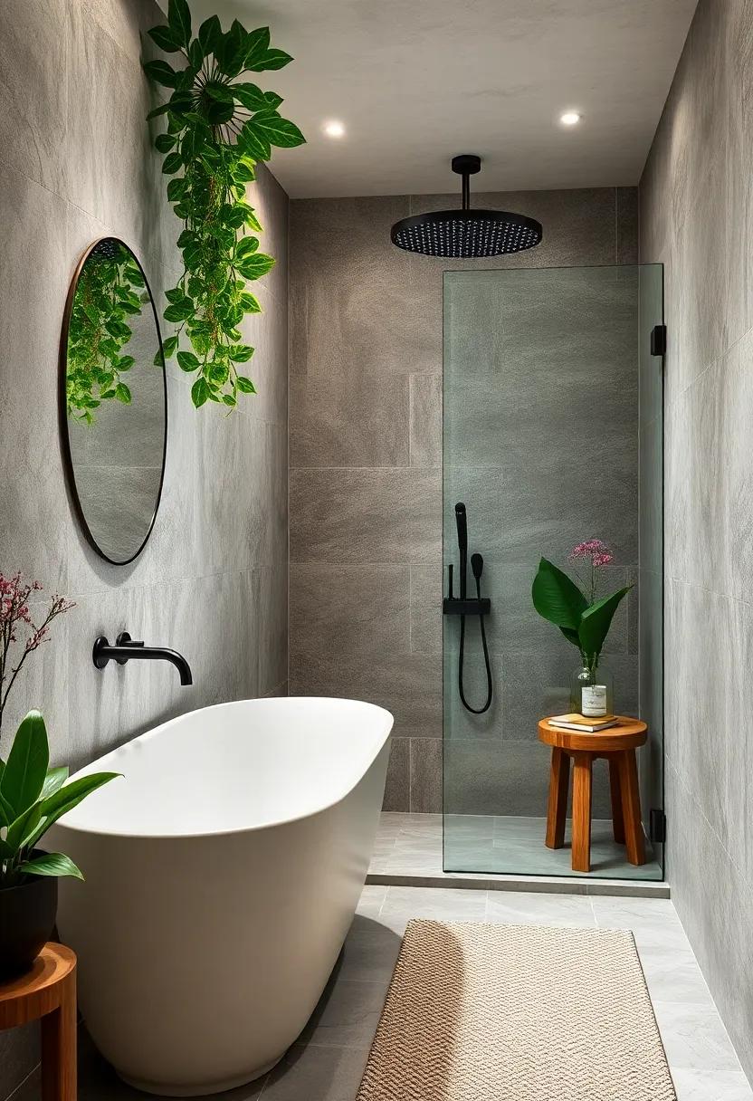 Sophisticated Use of Greenery in Small Bathrooms Focusing Attention on Open Shower Areas to Create a Spa-Like Ambiance