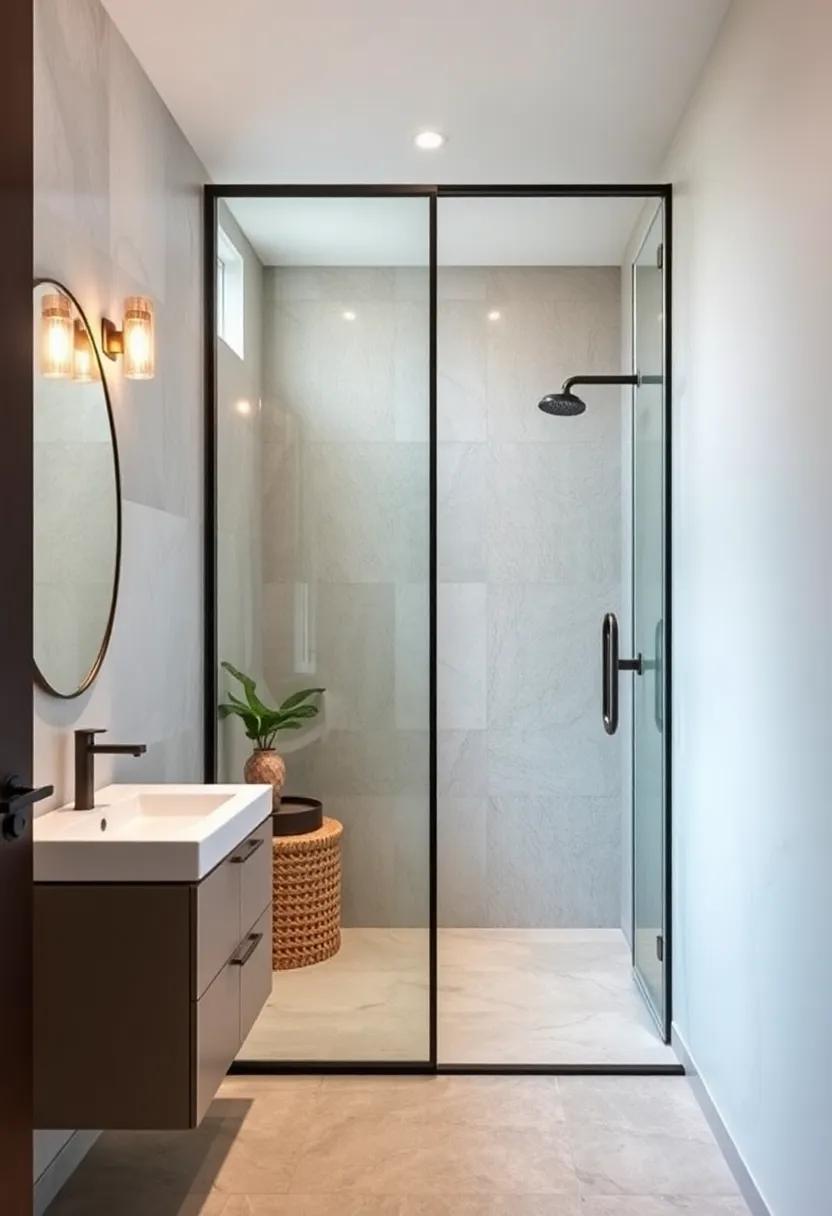 Redefining Small Bathroom Luxury With Black Metal Frame Open Shower Enclosures Against Light Walls