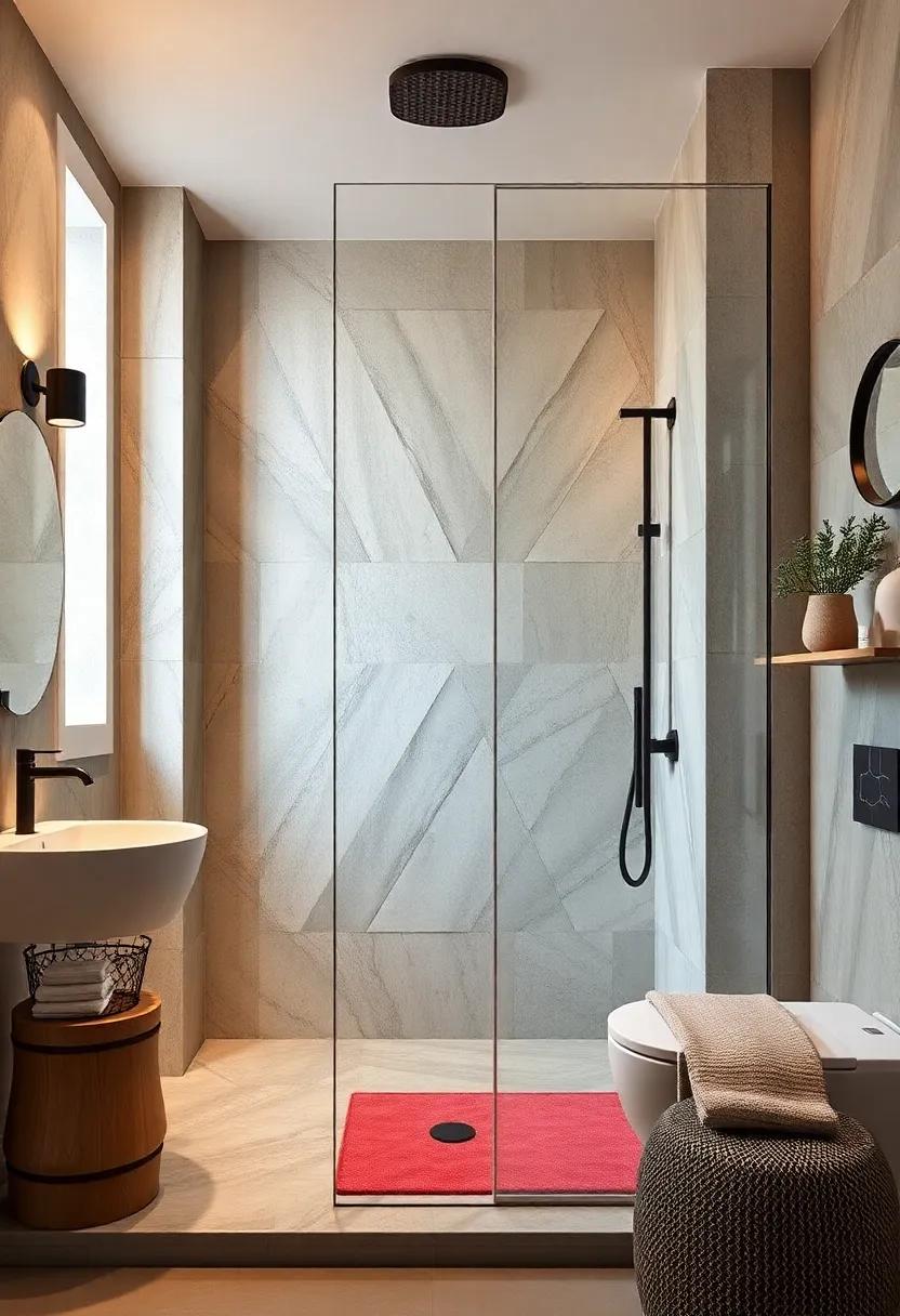 Open Showers With Geometric Patterns and Bold Accents as a Statement of Style in Restrained Bathroom Layouts