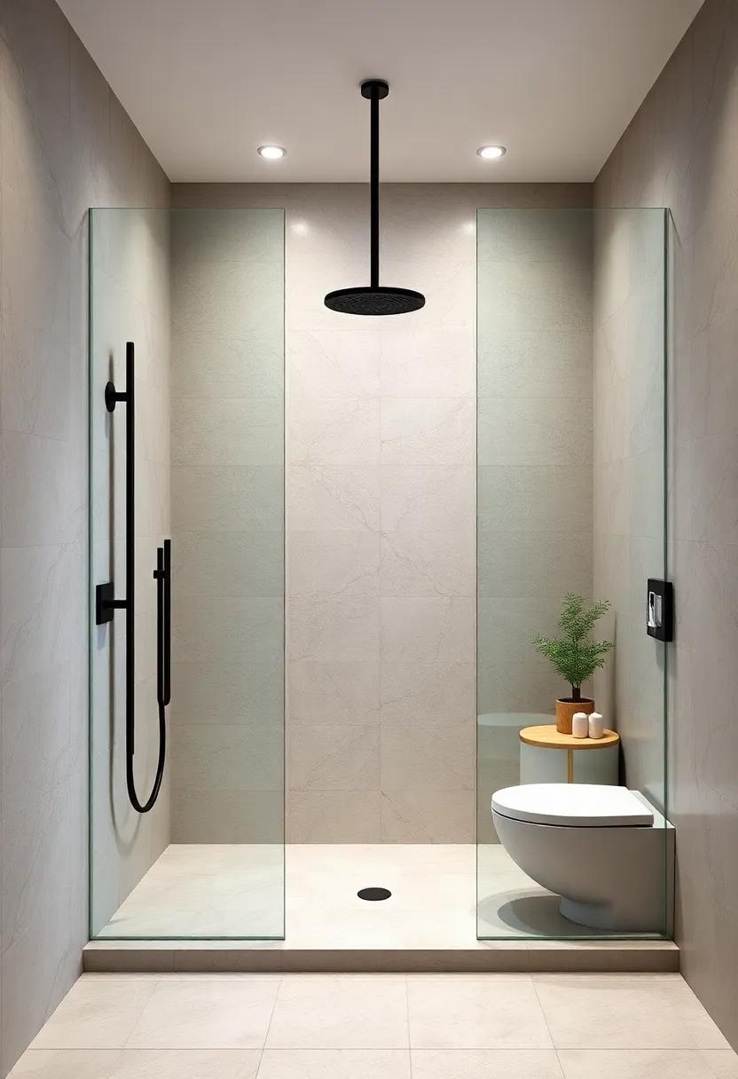 Minimalist Open Showers Using Matte Black Fixtures Paired With Light Stone Textures To Add Visual Interest