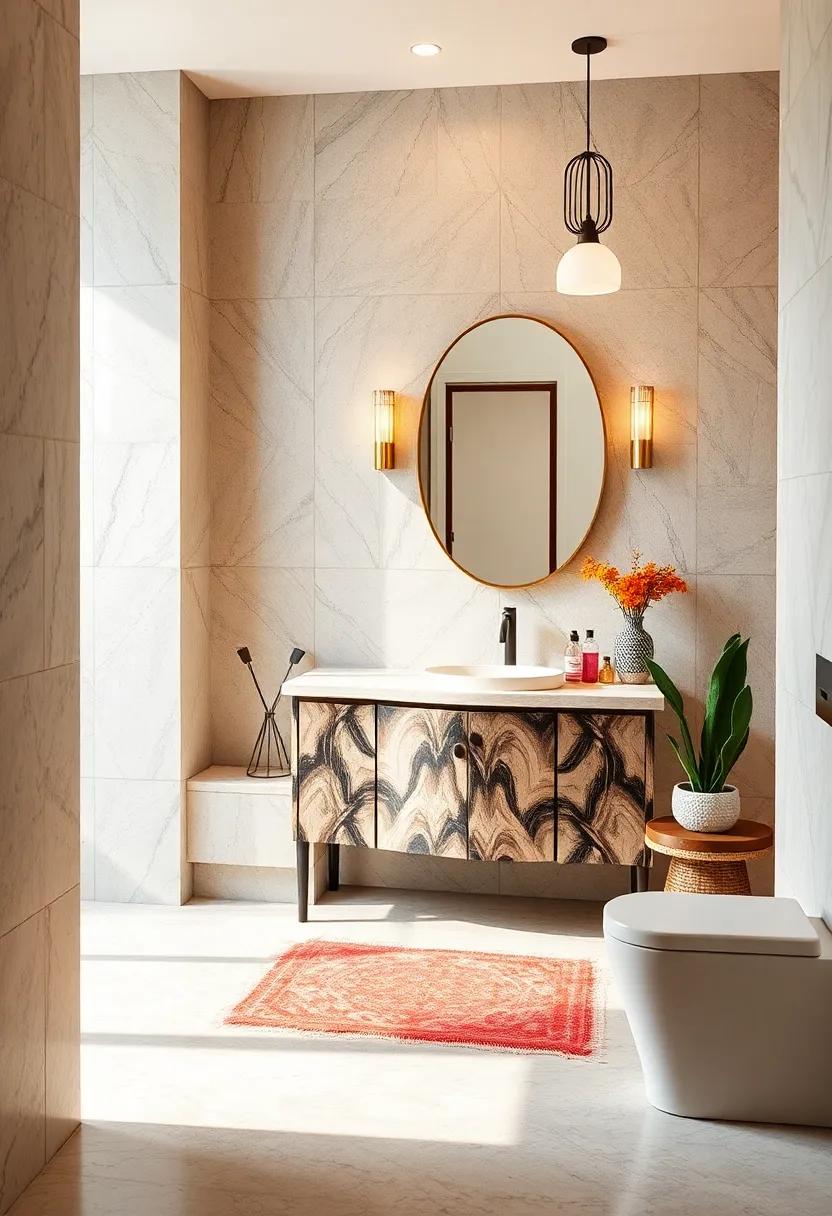 Art Deco Influenced Vanity Designs for Small Bathrooms Incorporating Bold Patterns and Luxe Details
