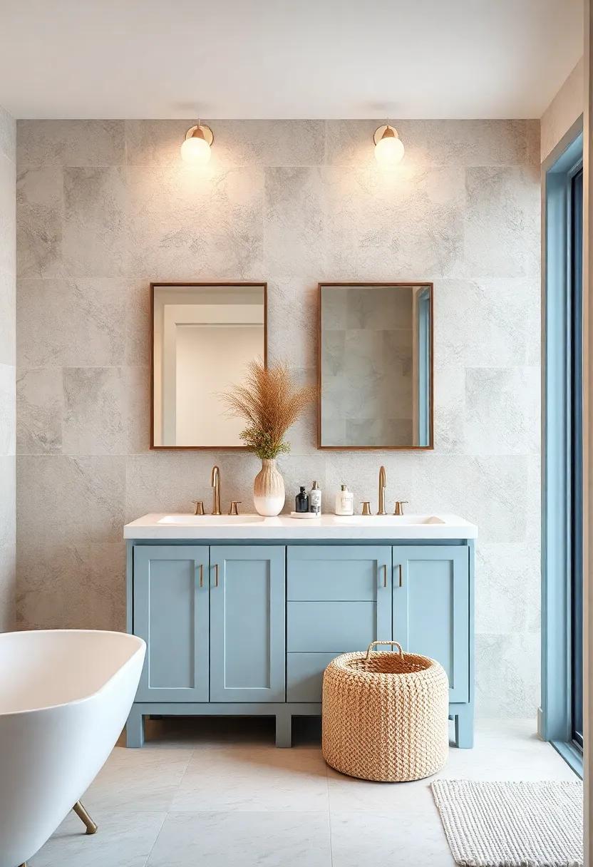 Charming Coastal Style Small Bathroom Vanities Featuring Light Blues and Natural Fibers