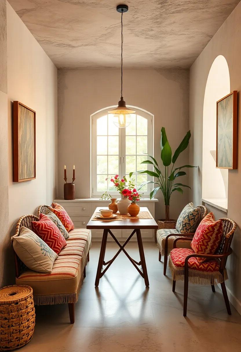 Bohemian Flair in Petite Dining Spaces Using Vibrant Textiles and Eclectic Accessories