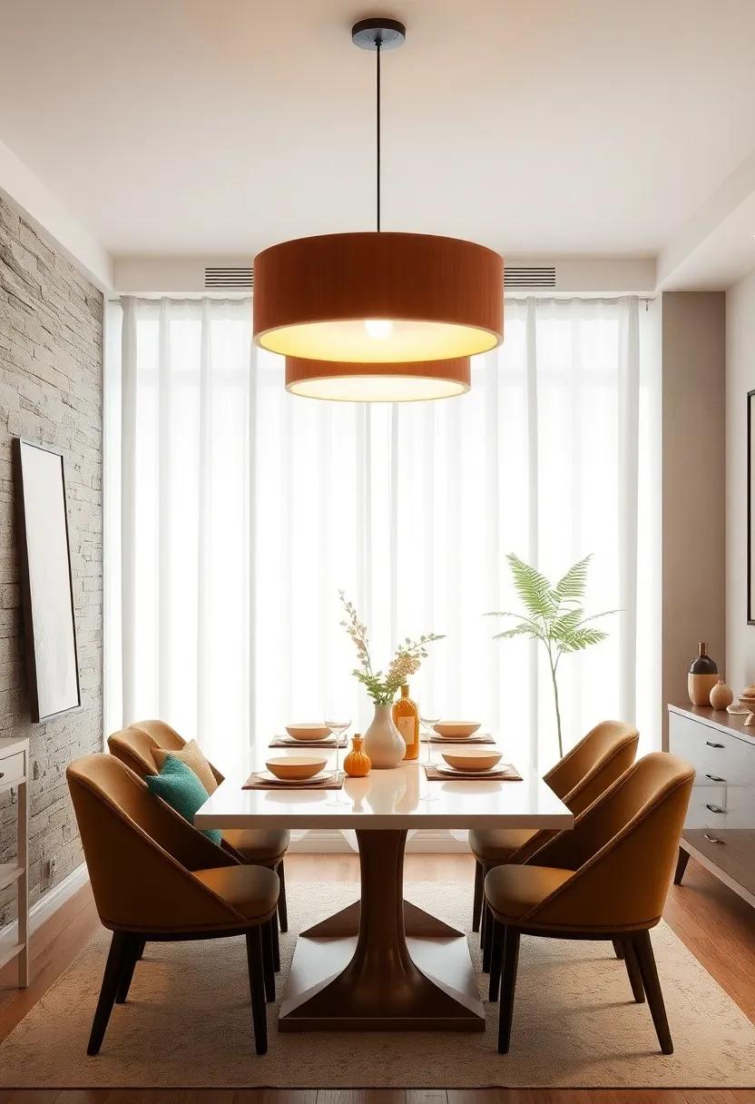Bold Statement Lighting Fixtures as Central Focus in Tiny Dining Room Designs
