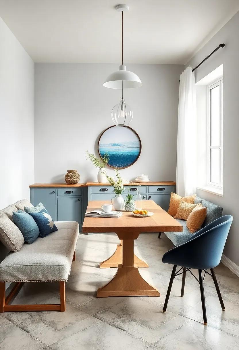 Coastal Vibes in Small Dining Areas Featuring Light Blues, Whites, and Nautical Accents