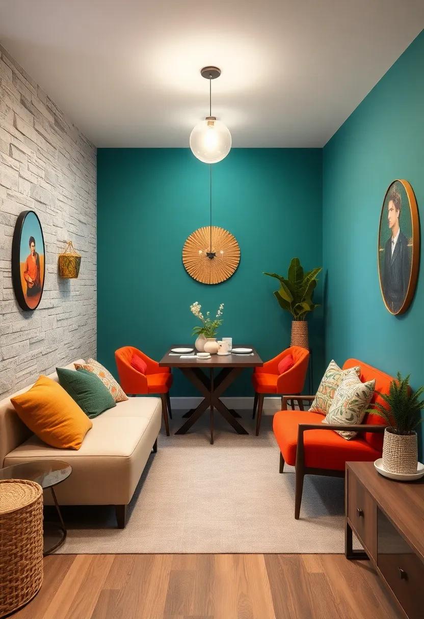 Eclectic Vibes in Compact Dining Rooms Using Bold Colors and Mixed Textures