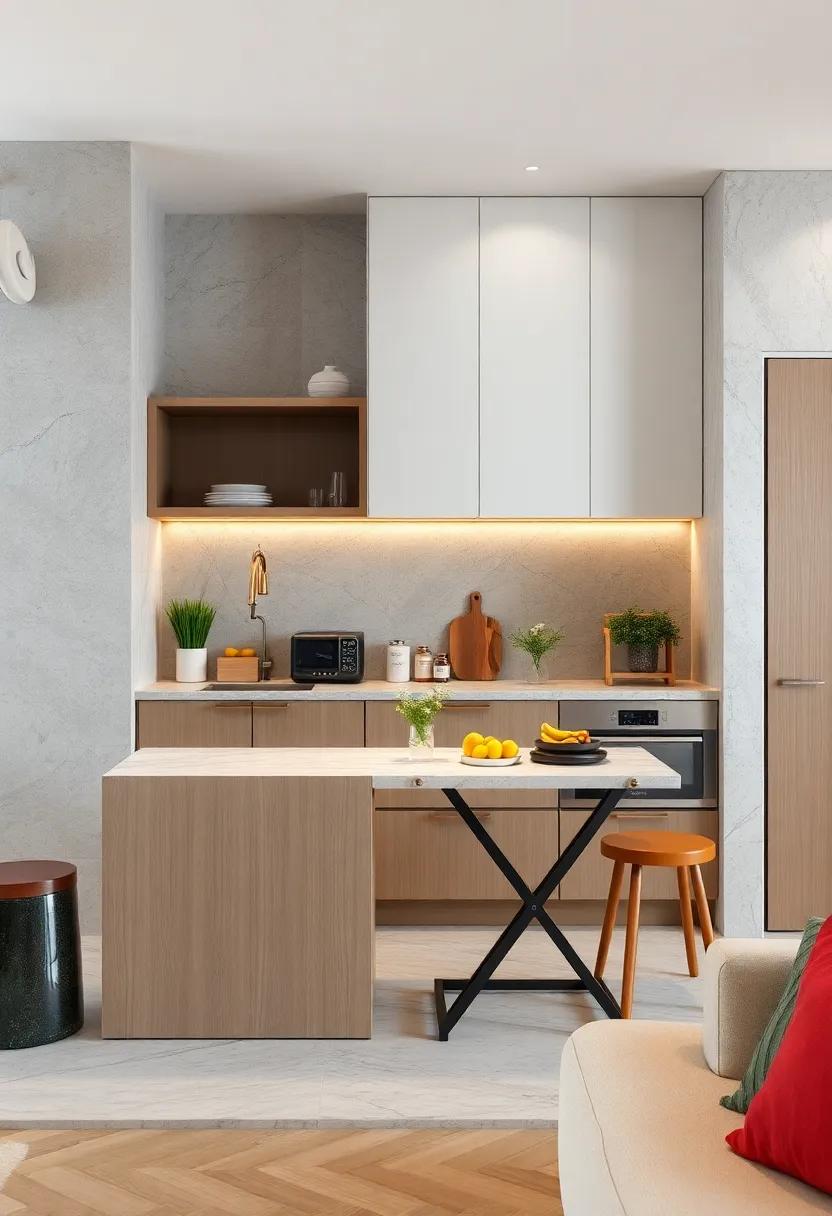 Fold-Down Tables Serving as Dual Function Surfaces and Hidden Storage for Small Kitchen Tools