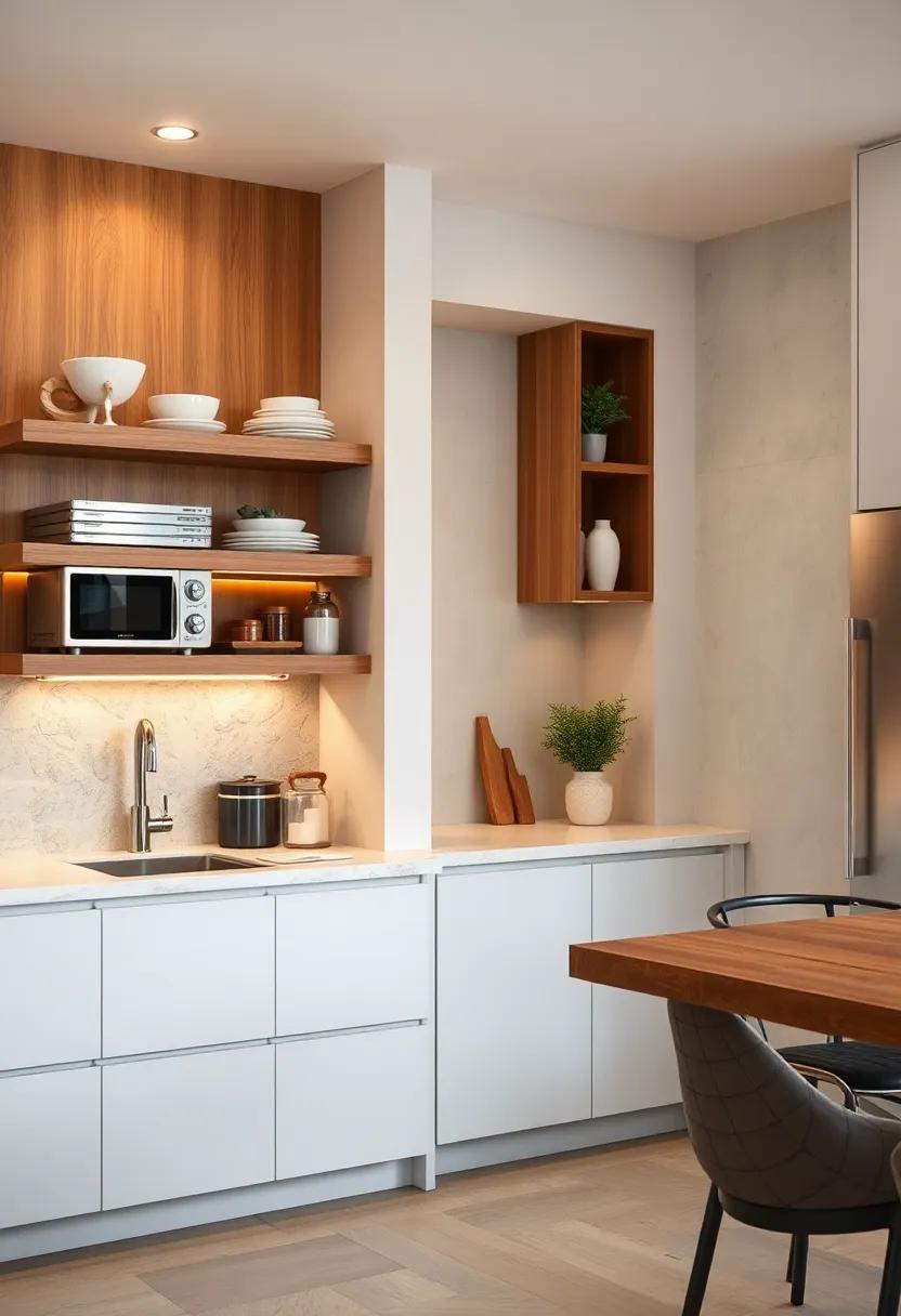 Minimalist Appliance Storage Corners Framed by Custom Shelving that Enhances Kitchen Aesthetics