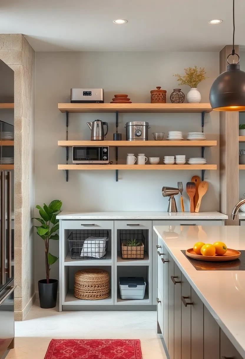 Open Shelving with Wire Baskets to Keep Popular Small Appliances Within Reach but Off the Counter