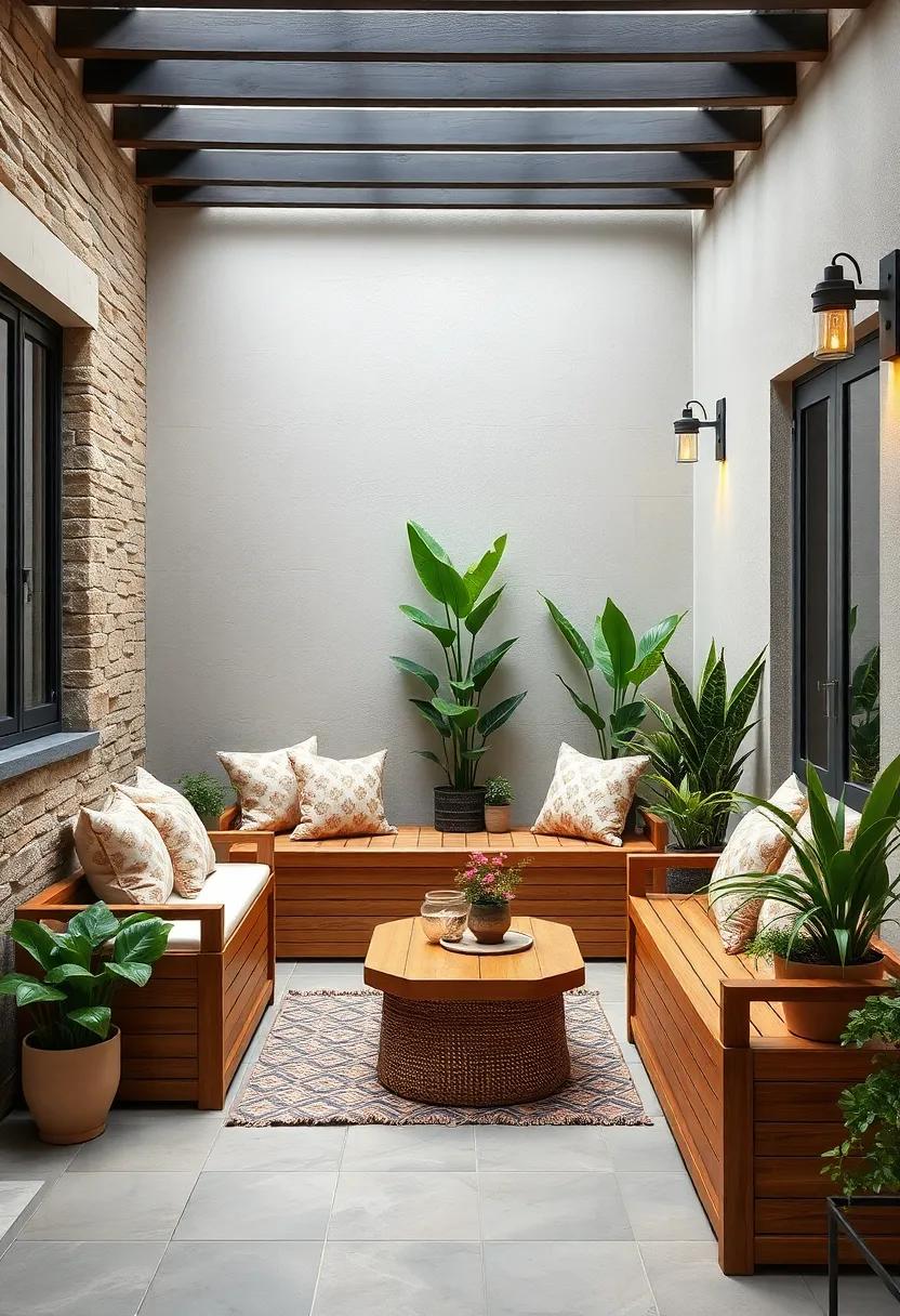 Cozy Small Patio Corners Featuring Elegant Wooden Storage Benches with Plush Cushions and Potted Plants