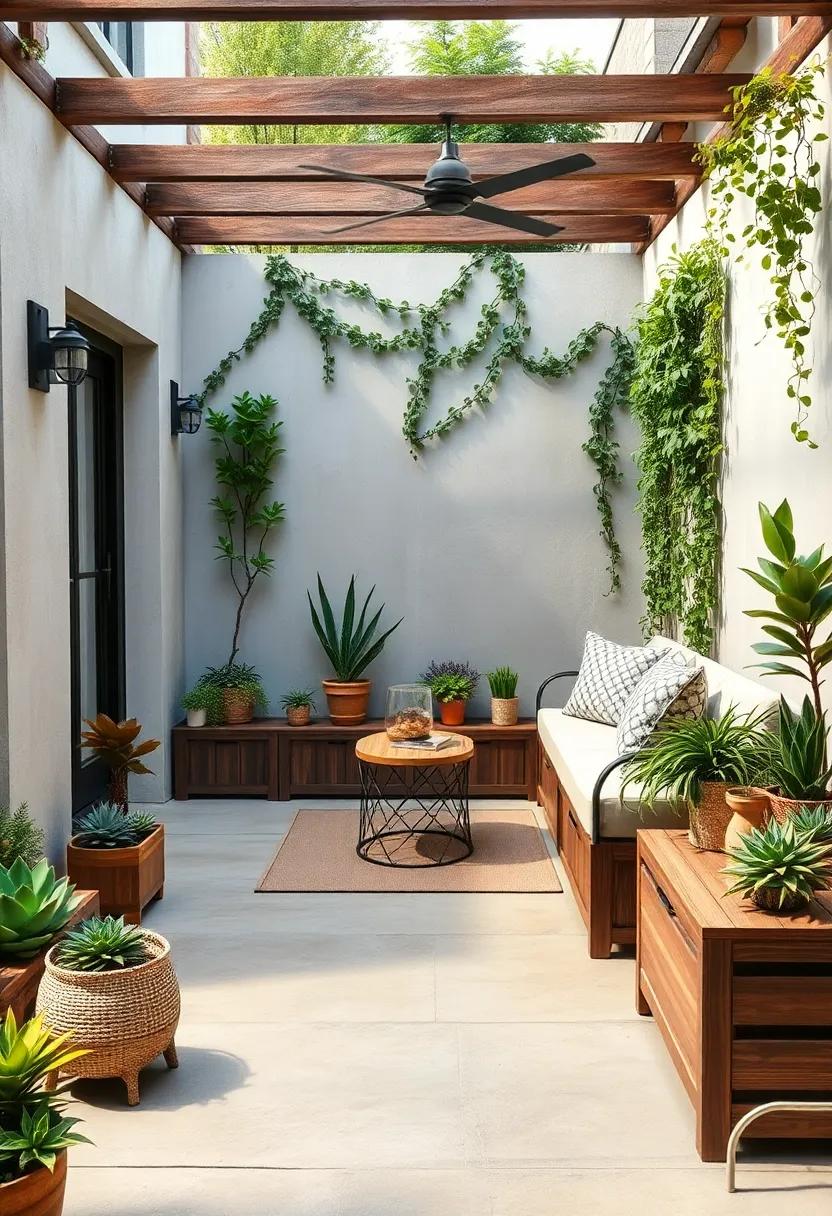 Urban Jungle Patios Displaying Storage Benches Wrapped in Climbing Vines and Succulent Arrangements