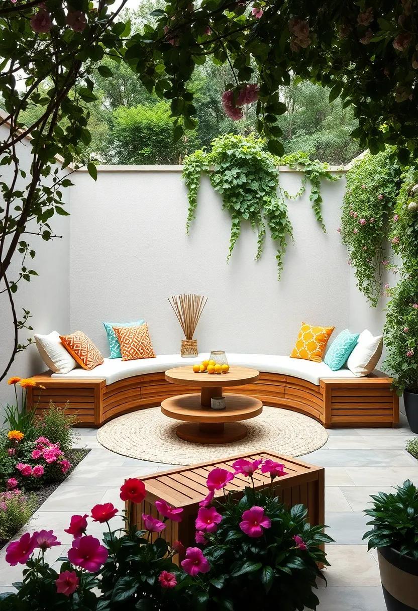 Lush Garden Patios with Curved Wooden Storage Benches Surrounded by Blooming Flowers and Natural Stone Flooring