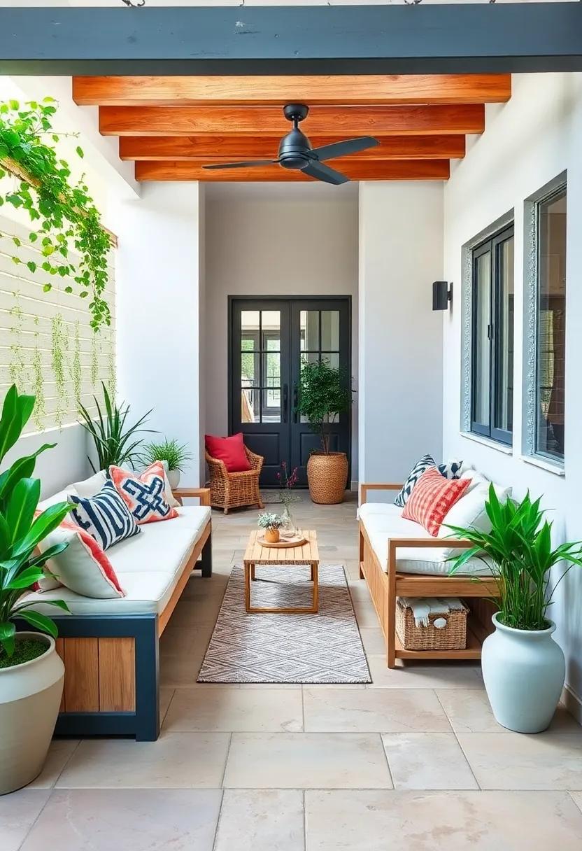 Bohemian Vibes in Tiny Patios Created by Colorful Painted Storage Benches Surrounded by Hanging Lanterns