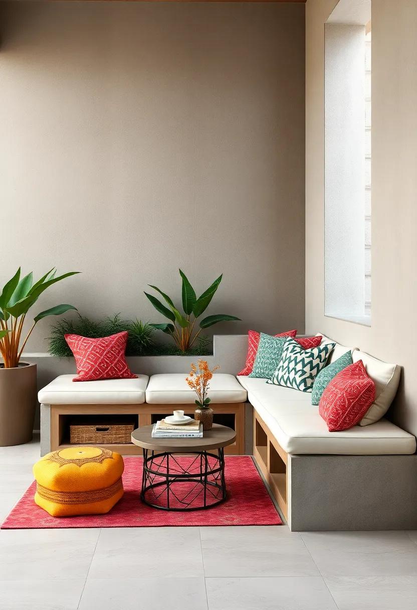 Compact L-Shaped Storage Benches Integrating Hidden Compartments and Vibrant Outdoor Textiles for Small Spaces