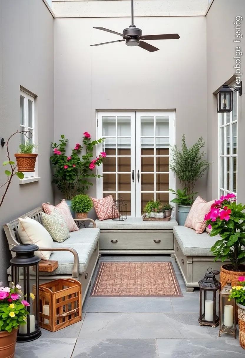 Charming Vintage Patios Highlighting Distressed Storage Benches Surrounded by Flowering Plants and Antique Lanterns