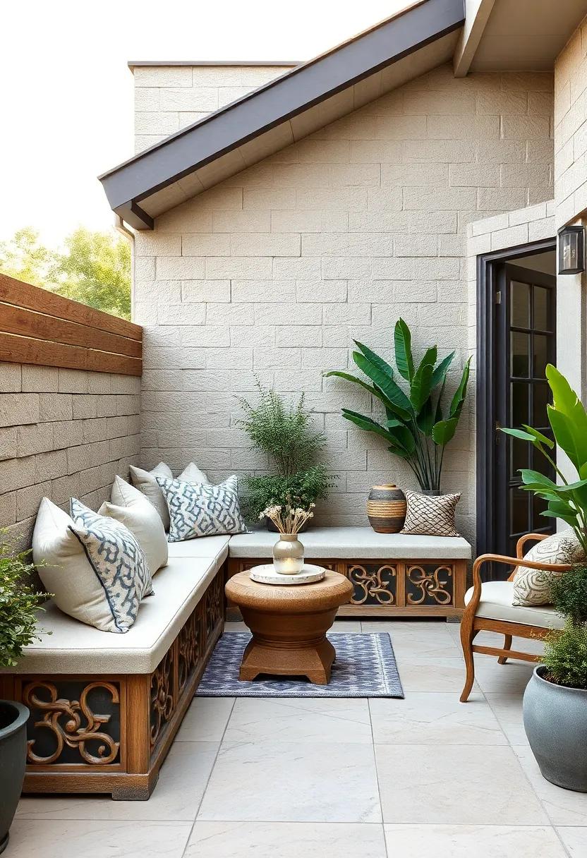 Elegant Storage Benches with Intricate Carved Details and Neutral Tones Perfect for Small Contemporary Patios