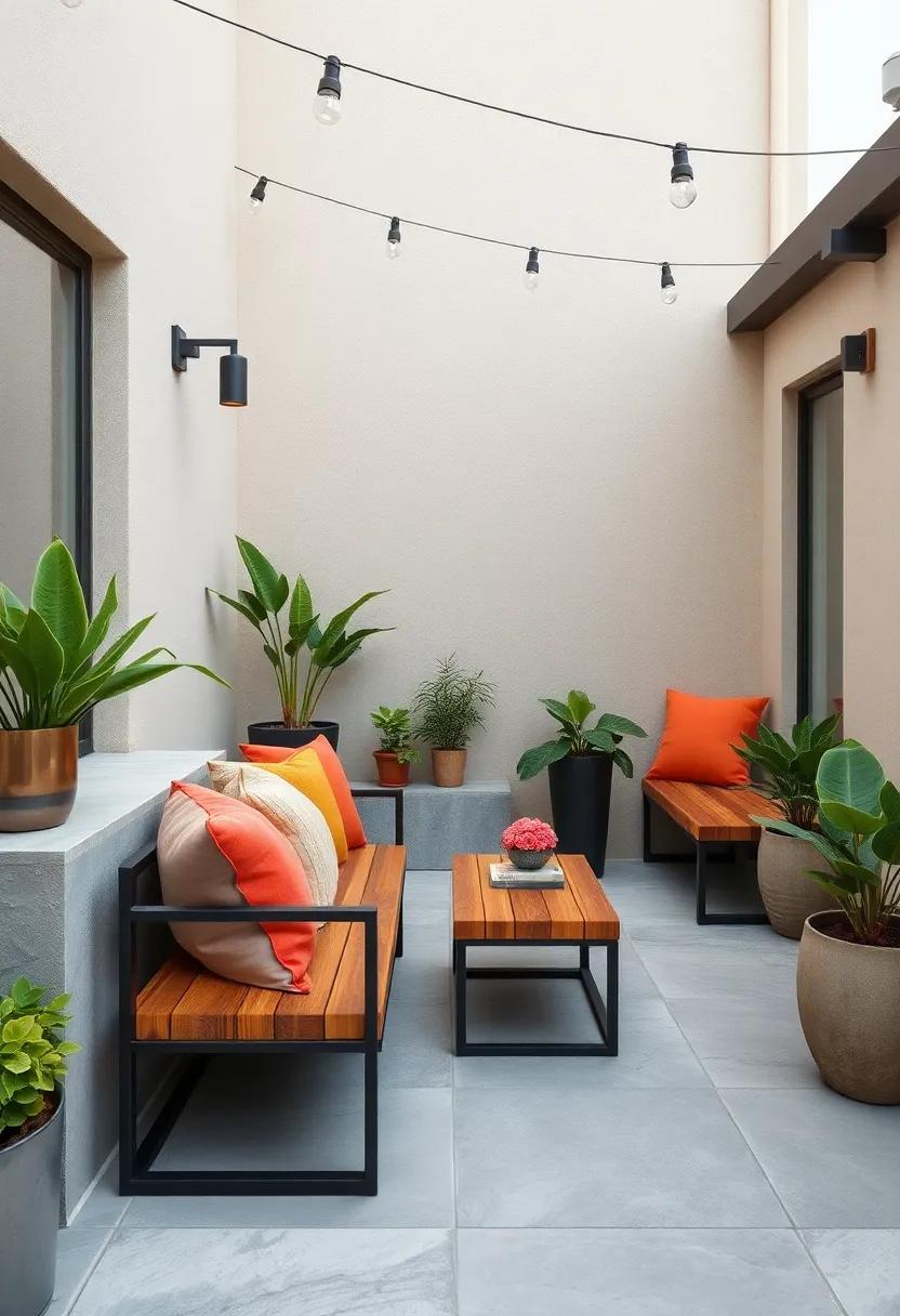 Industrial Inspired Storage Benches Created from Metal and Wood, Set Amid Concrete Elements and Urban Plants