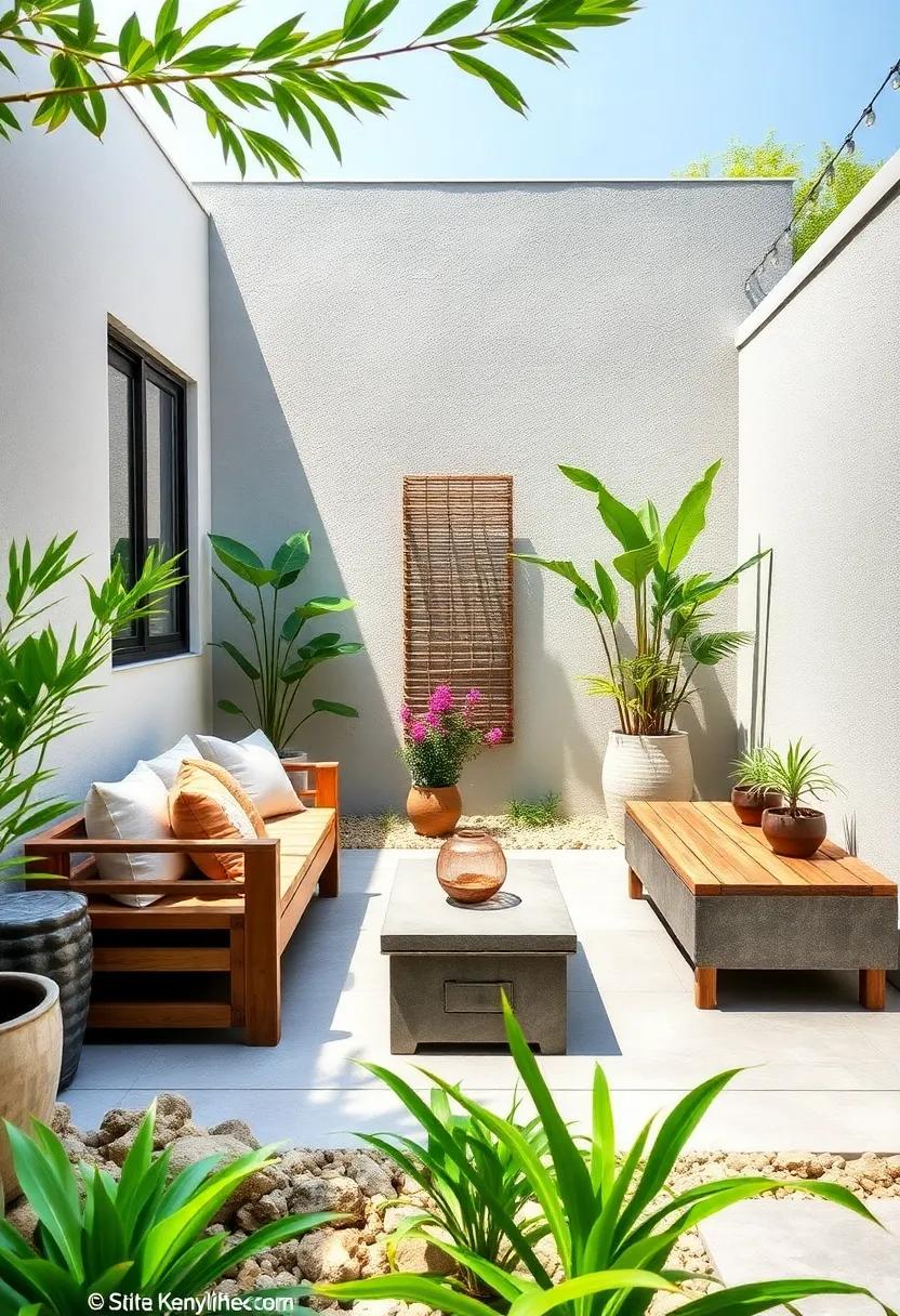 Japanese Zen Inspired Patios Featuring Simple Wooden Storage Benches Amidst Bamboo and Stone Accents